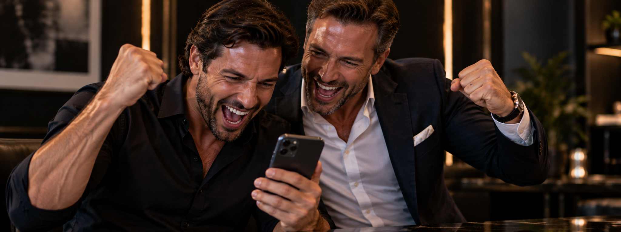 Two men celebrating a winning bid on a smartphone