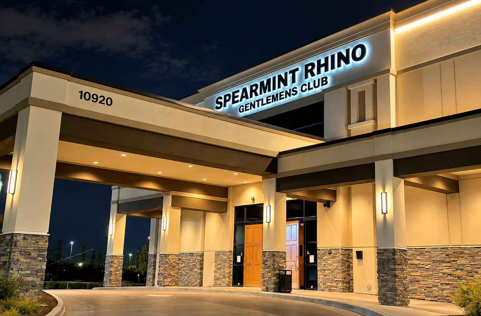 Spearmint Rhino Dallas North exterior at night