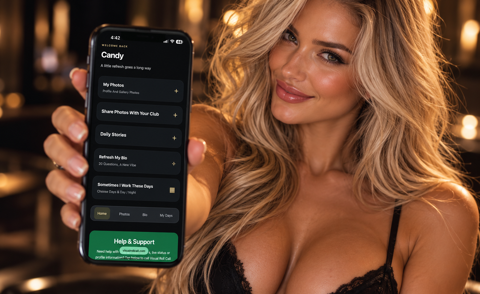 Entertainer showing her Visual Roll Call dashboard on a phone